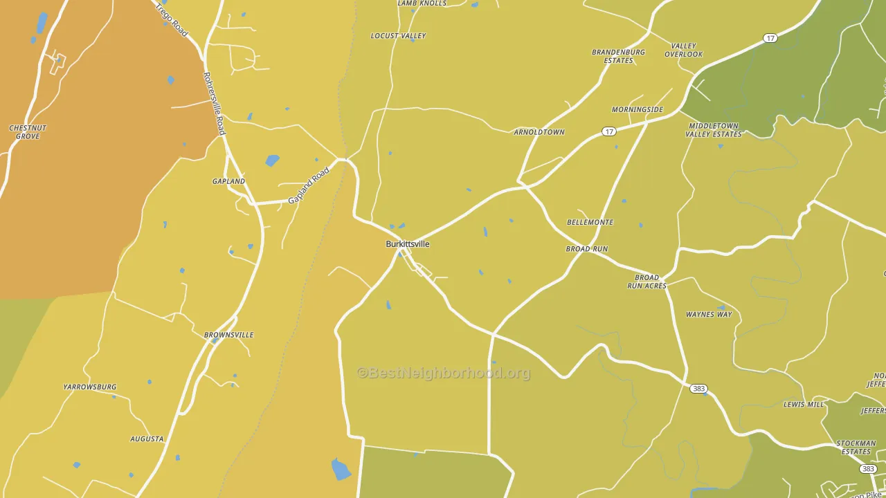 Map of the best neighborhoods in the Burkittsville area, with better matches in green and worse matches in red