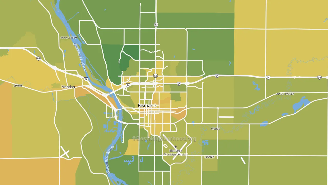 Map of the best neighborhoods in the Burleigh County area, with better matches in green and worse matches in red