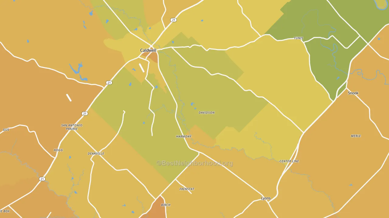 Map of the best neighborhoods in the Burleson County area, with better matches in green and worse matches in red
