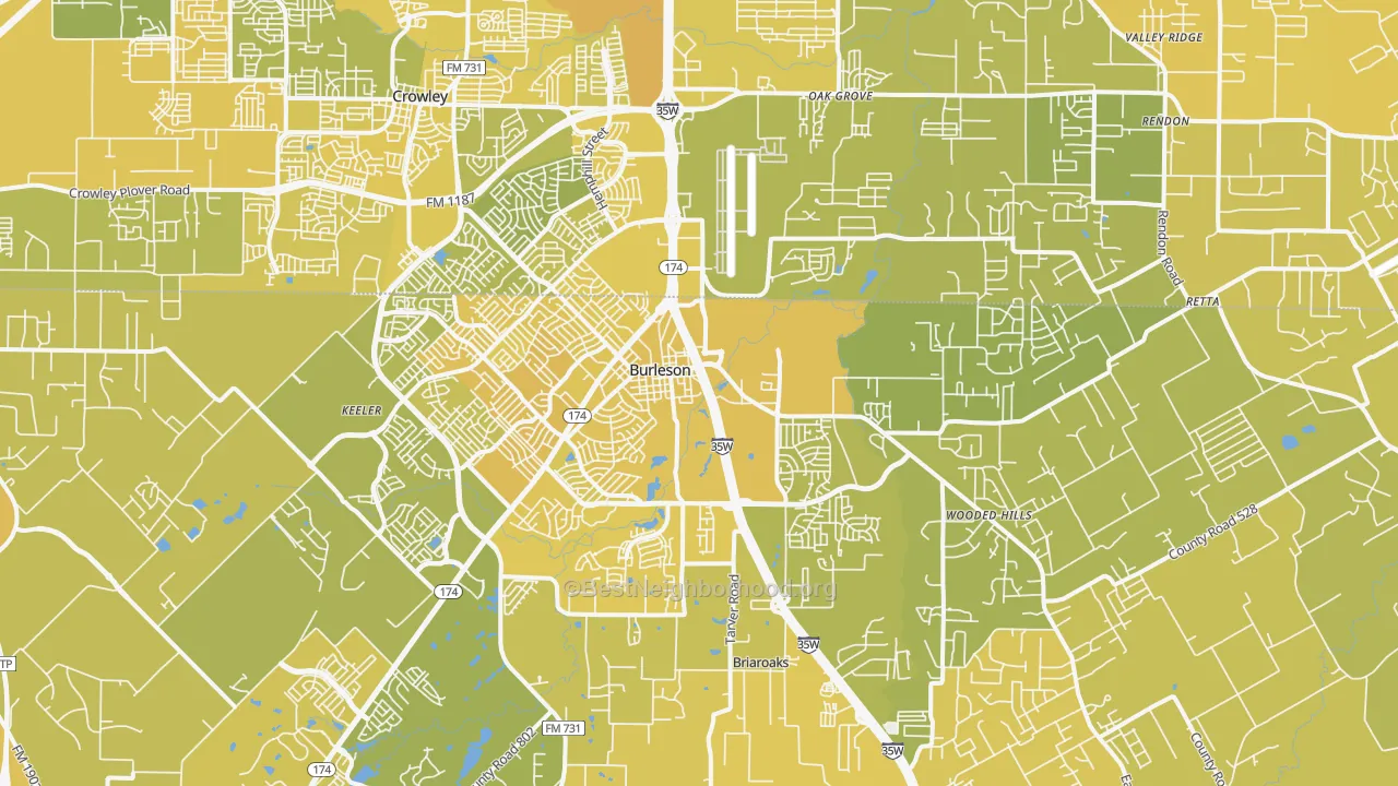 Map of the best neighborhoods in the Burleson area, with better matches in green and worse matches in red