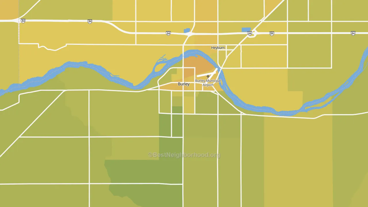 Map of the best neighborhoods in the Burley area, with better matches in green and worse matches in red