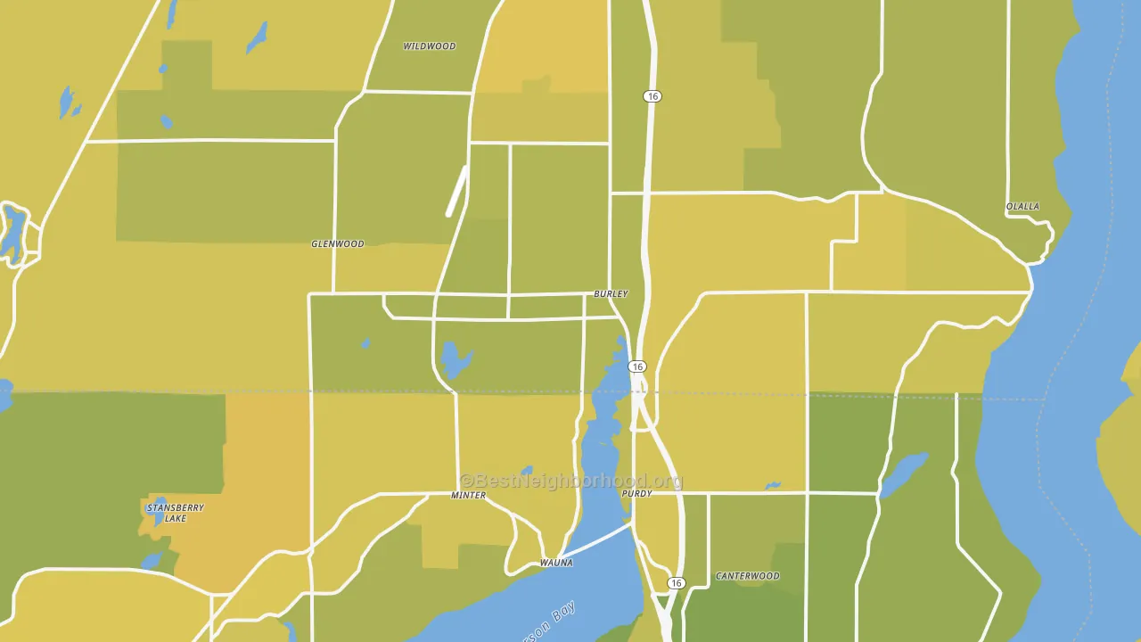 Map of the best neighborhoods in the Burley area, with better matches in green and worse matches in red