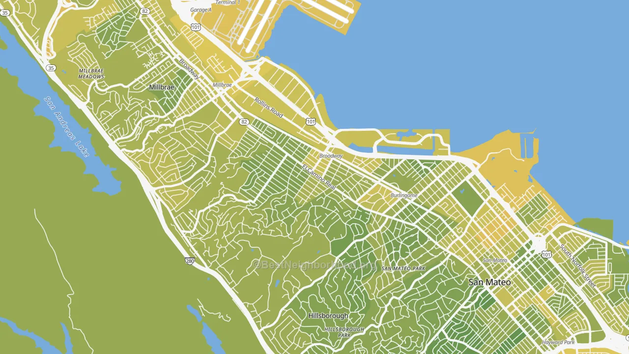 Map of the best neighborhoods in the Burlingame area, with better matches in green and worse matches in red