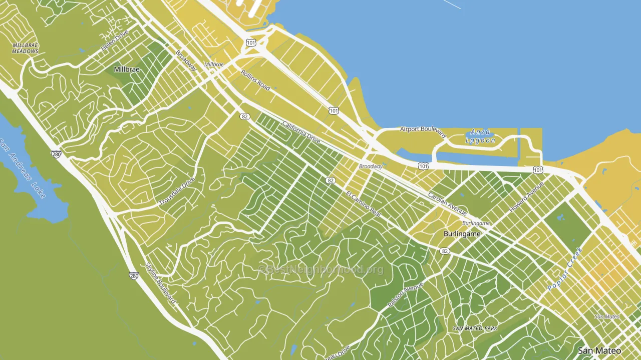 Map of the best neighborhoods in the Burlingame Gate, Burlingame area, with better matches in green and worse matches in red