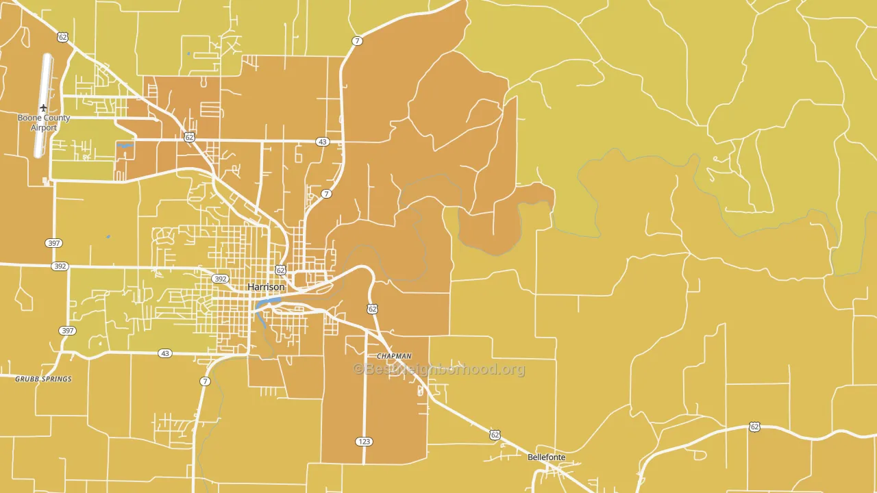 Map of the best neighborhoods in the Burlington area, with better matches in green and worse matches in red