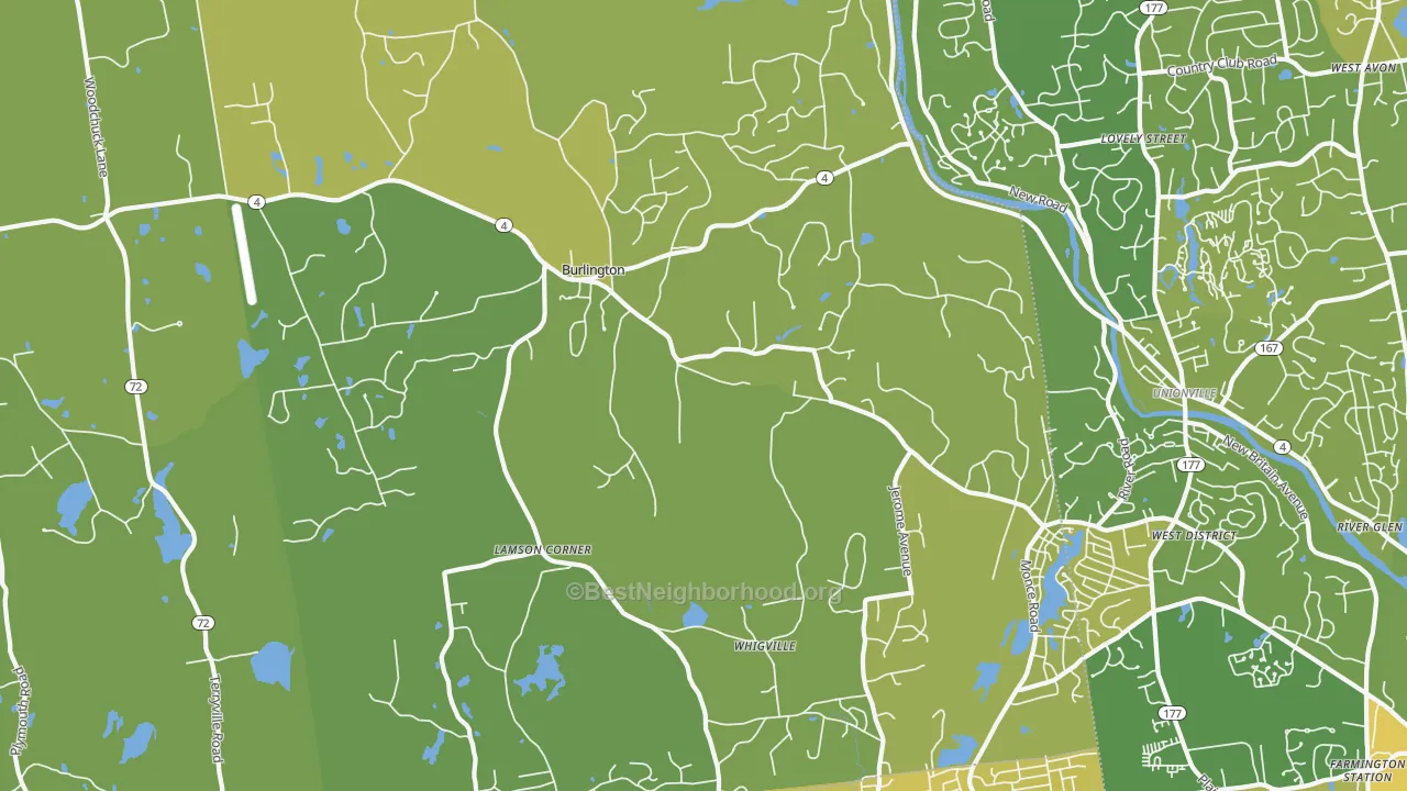 Map of the best neighborhoods in the Burlington area, with better matches in green and worse matches in red