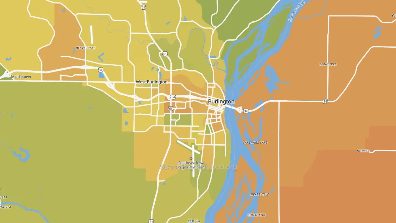 Map of the best neighborhoods in the Burlington area, with better matches in green and worse matches in red