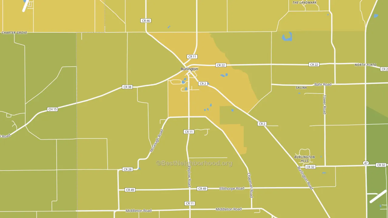 Map of the best neighborhoods in the Burlington area, with better matches in green and worse matches in red