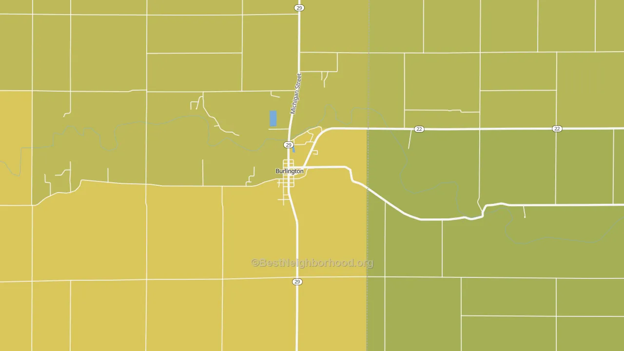 Map of the best neighborhoods in the Burlington area, with better matches in green and worse matches in red