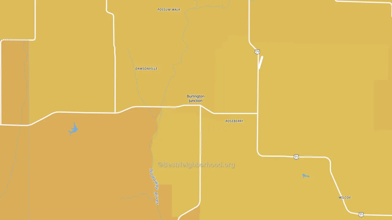 Map of the best neighborhoods in the Burlington Junction area, with better matches in green and worse matches in red