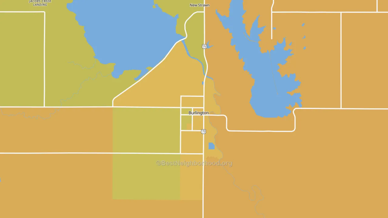 Map of the best neighborhoods in the Burlington area, with better matches in green and worse matches in red