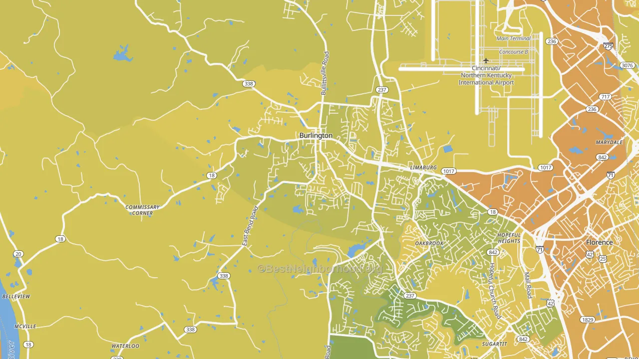 Map of the best neighborhoods in the Burlington area, with better matches in green and worse matches in red