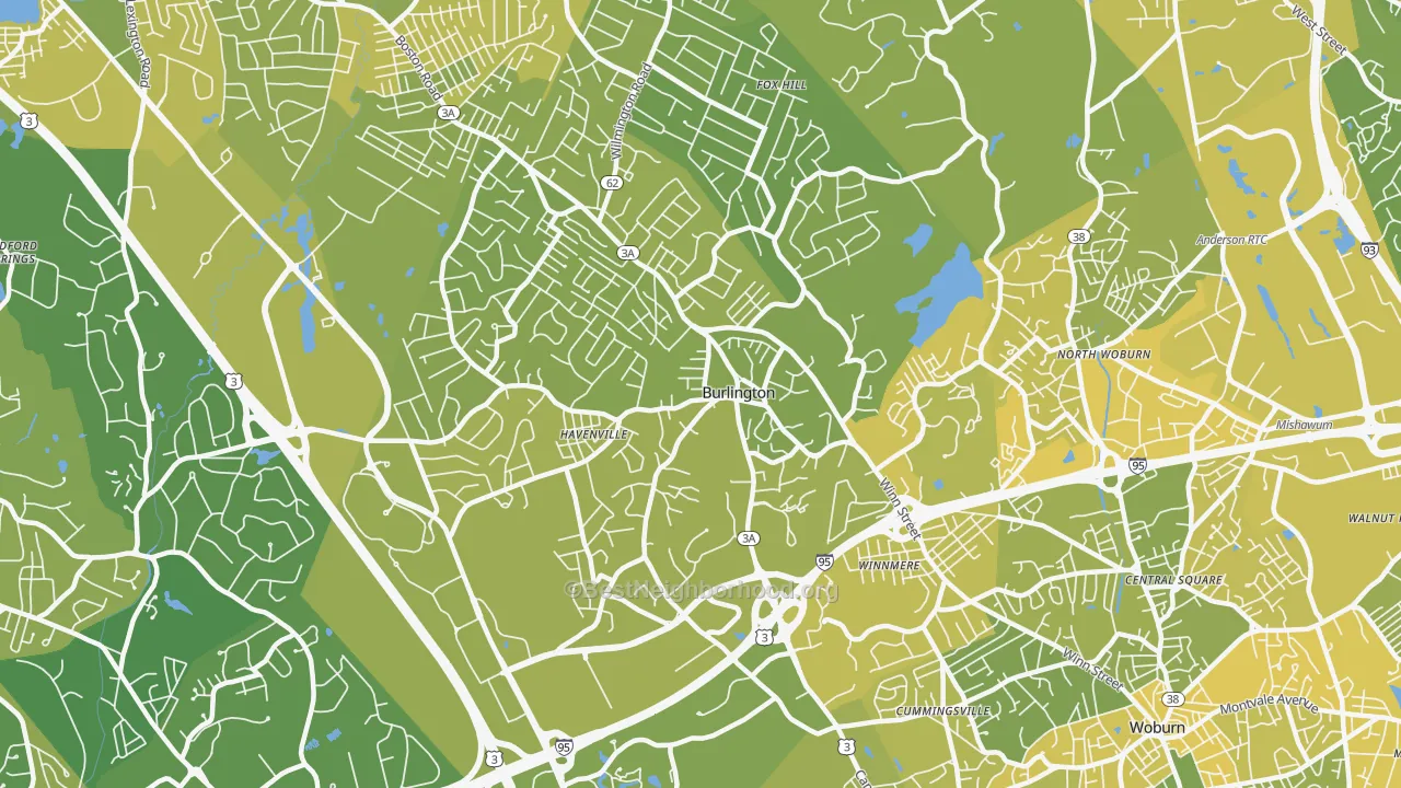 Map of the best neighborhoods in the Burlington area, with better matches in green and worse matches in red