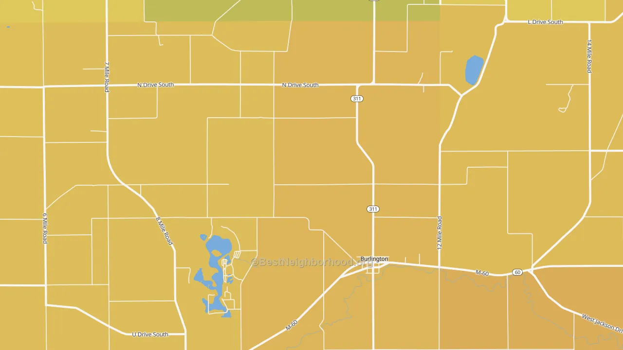 Map of the best neighborhoods in the Burlington area, with better matches in green and worse matches in red
