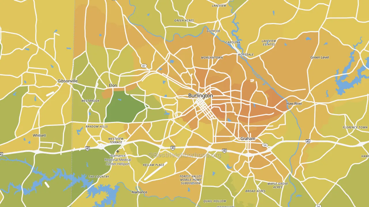 Map of the best neighborhoods in the Burlington Metro area, with better matches in green and worse matches in red
