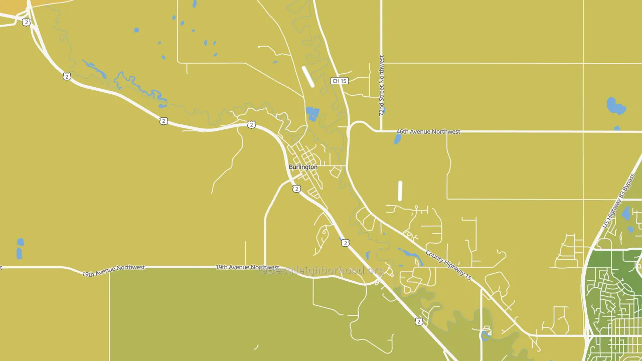 Map of the best neighborhoods in the Burlington area, with better matches in green and worse matches in red