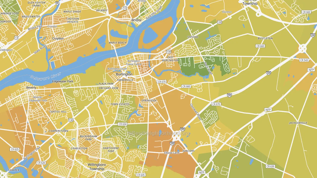 Map of the best neighborhoods in the Burlington area, with better matches in green and worse matches in red