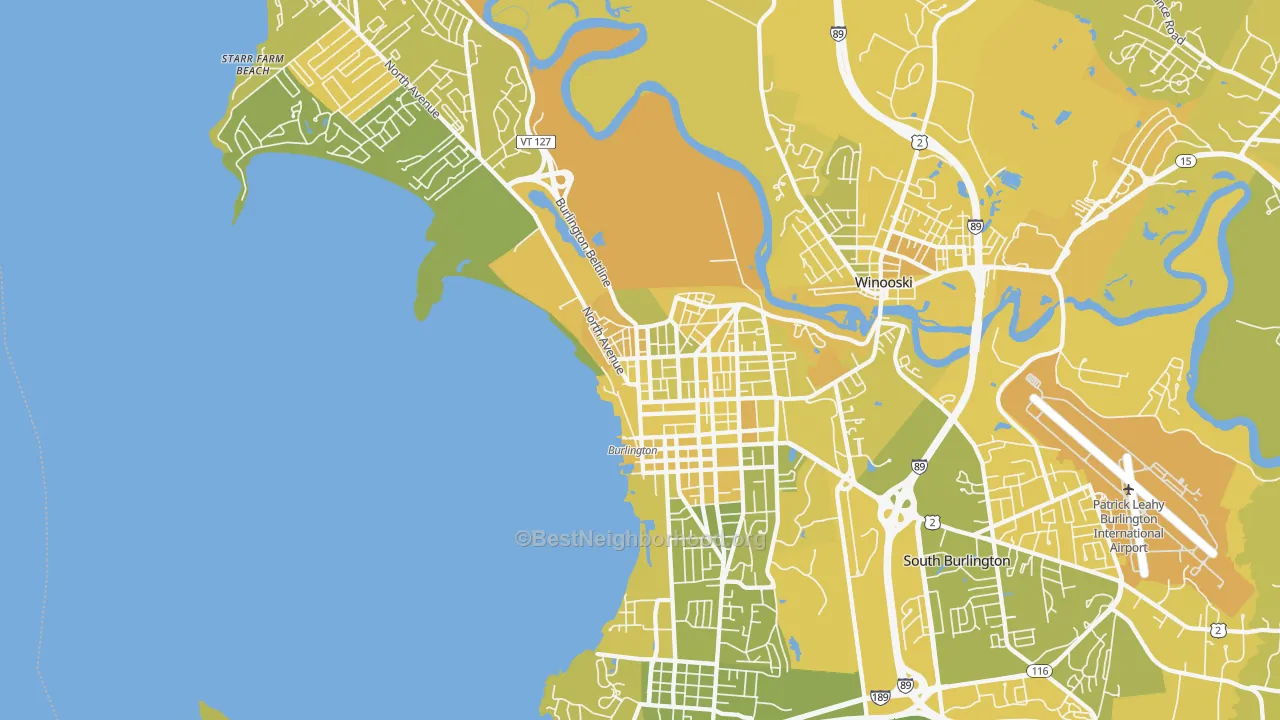 Map of the best neighborhoods in the Burlington Metro area, with better matches in green and worse matches in red