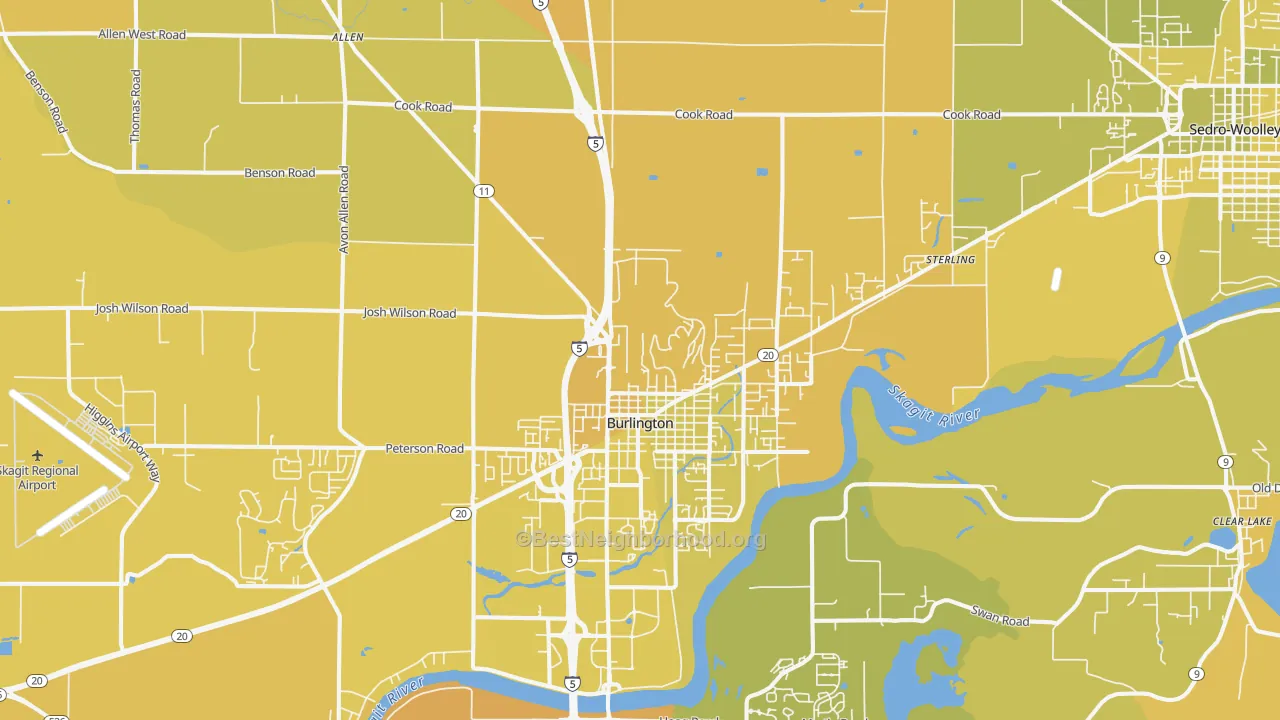 Map of the best neighborhoods in the Burlington area, with better matches in green and worse matches in red