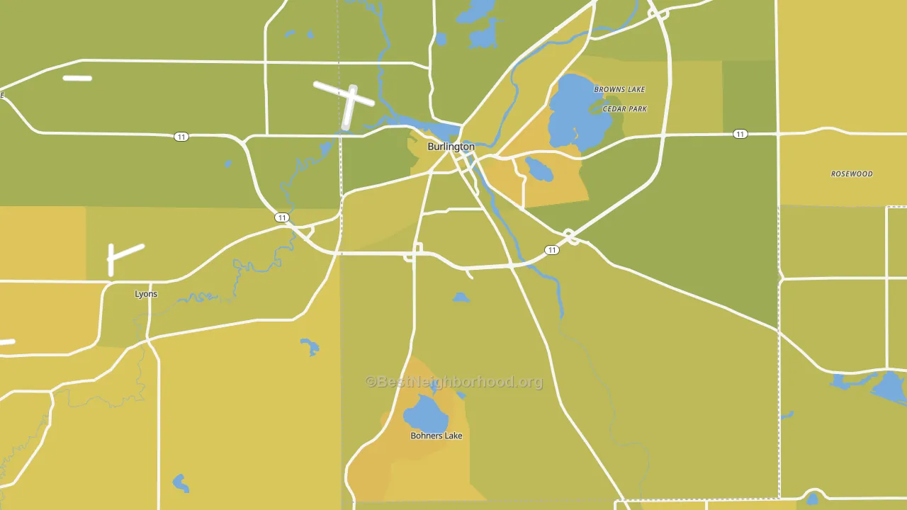 Map of the best neighborhoods in the Burlington area, with better matches in green and worse matches in red