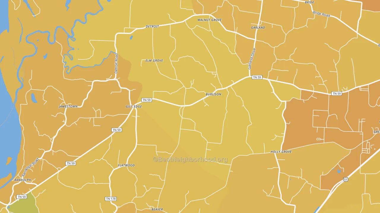 Map of the best neighborhoods in the Burlison area, with better matches in green and worse matches in red