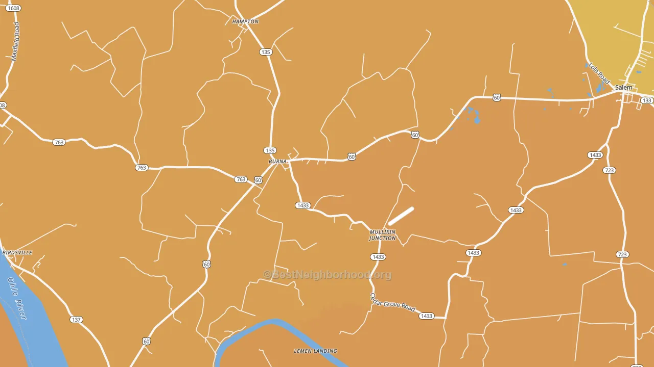 Map of the best neighborhoods in the Burna area, with better matches in green and worse matches in red