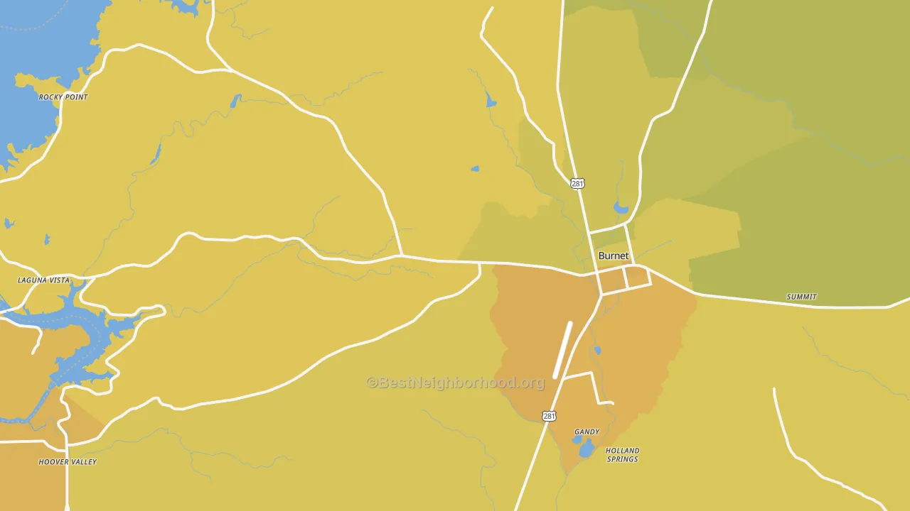 Map of the best neighborhoods in the Burnet area, with better matches in green and worse matches in red