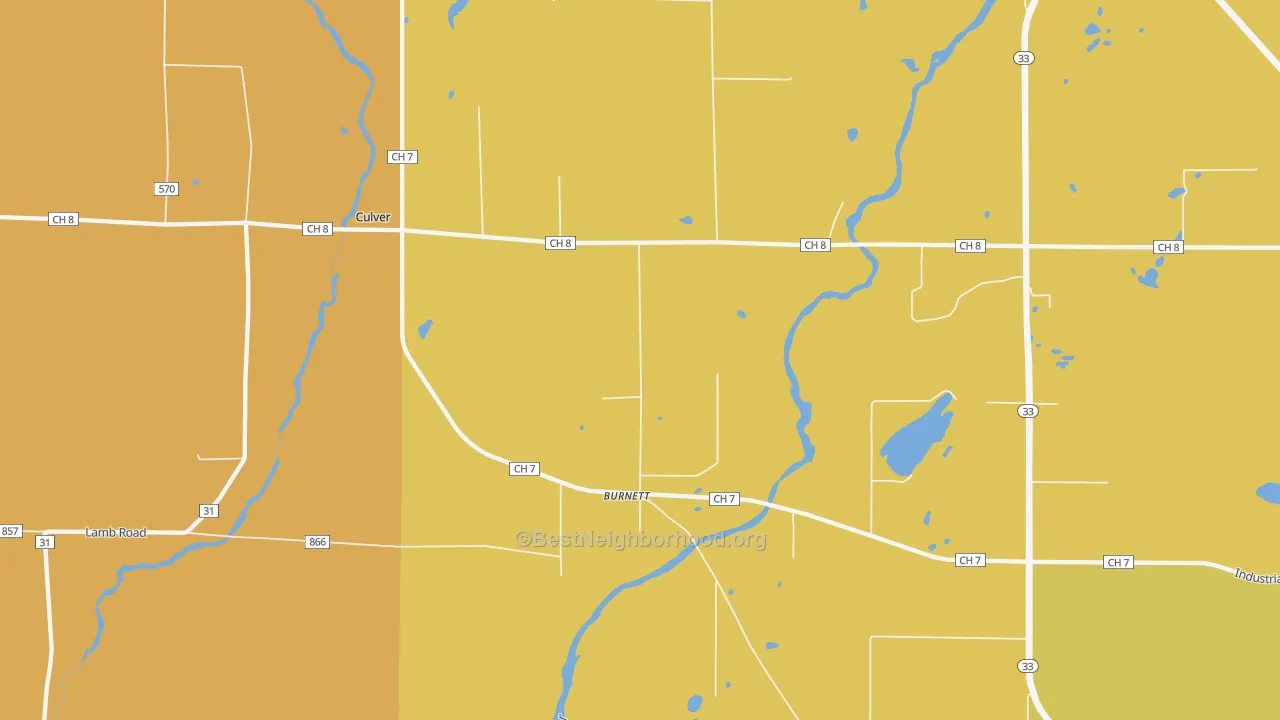 Map of the best neighborhoods in the Burnett area, with better matches in green and worse matches in red