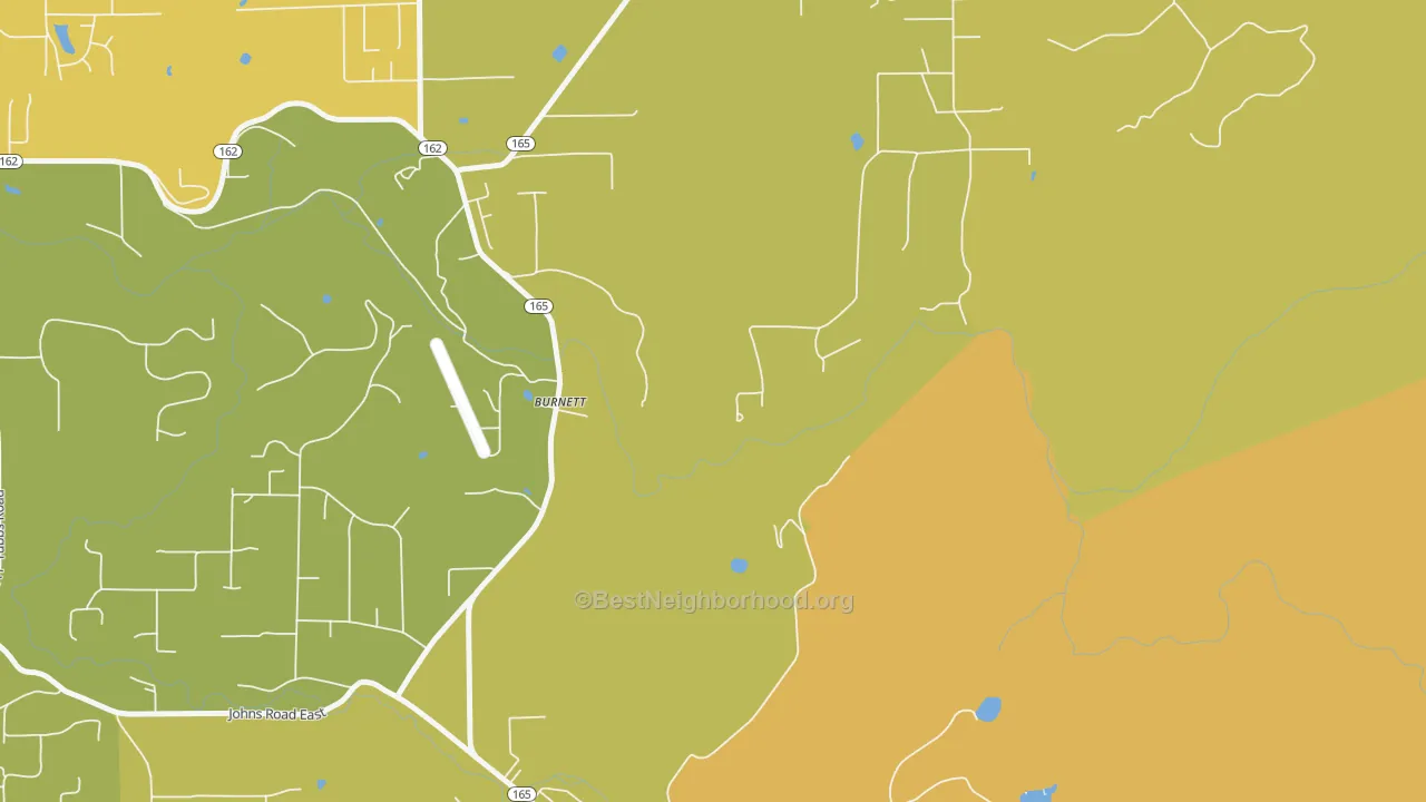 Map of the best neighborhoods in the Burnett area, with better matches in green and worse matches in red