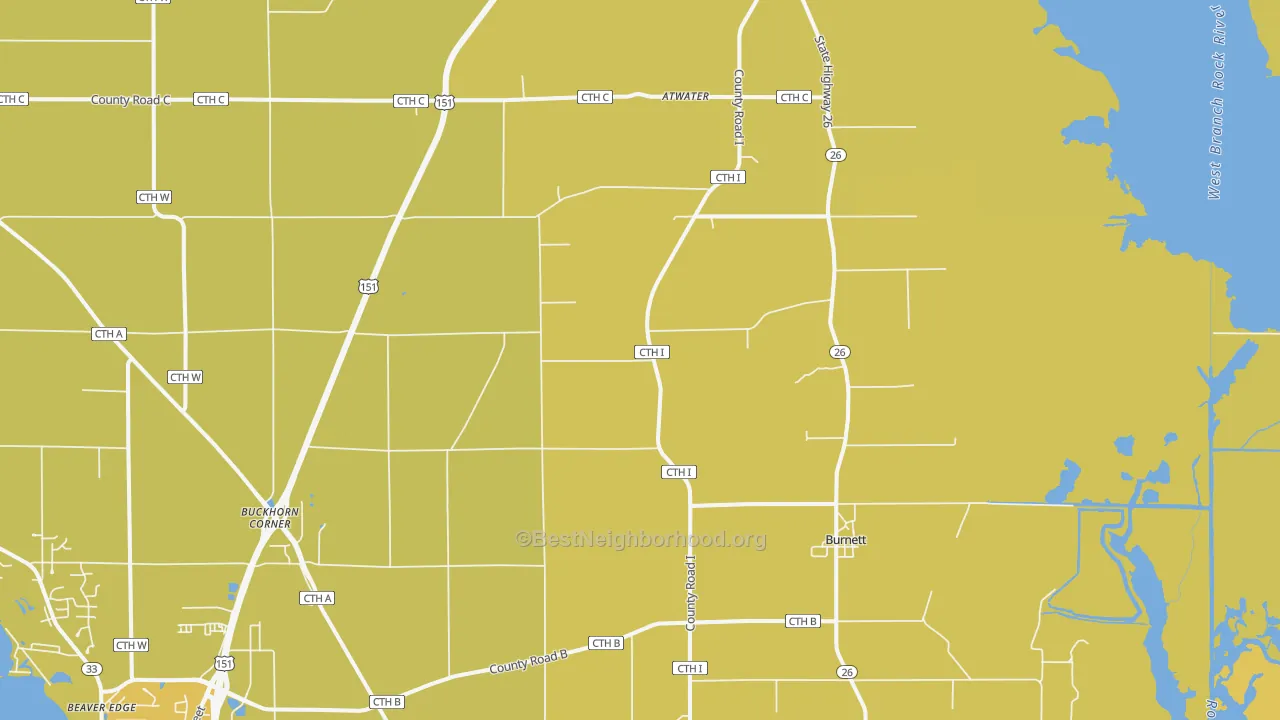 Map of the best neighborhoods in the Burnett area, with better matches in green and worse matches in red