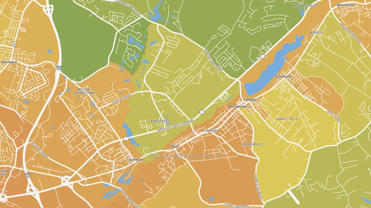Map of the best neighborhoods in the Burnettown area, with better matches in green and worse matches in red