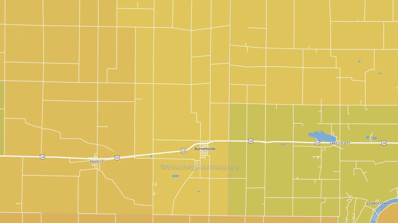 Map of the best neighborhoods in the Burnettsville area, with better matches in green and worse matches in red