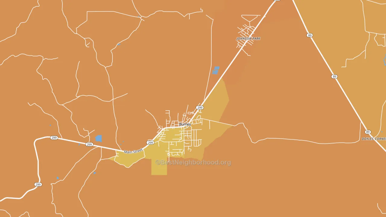 Map of the best neighborhoods in the Burney area, with better matches in green and worse matches in red