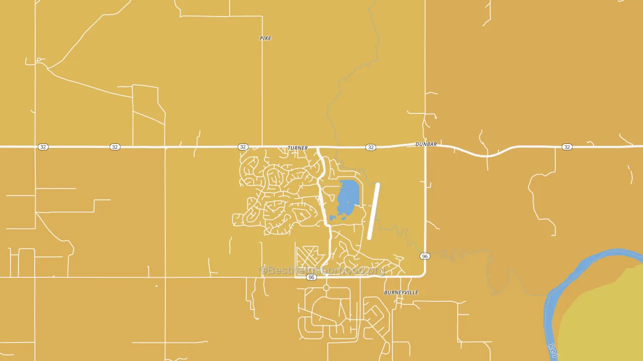 Map of the best neighborhoods in the Burneyville area, with better matches in green and worse matches in red