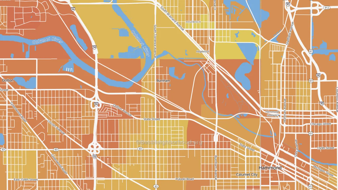 Map of the best neighborhoods in the Burnham area, with better matches in green and worse matches in red