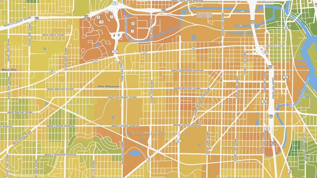 Map of the best neighborhoods in the Burnham Park, Milwaukee area, with better matches in green and worse matches in red