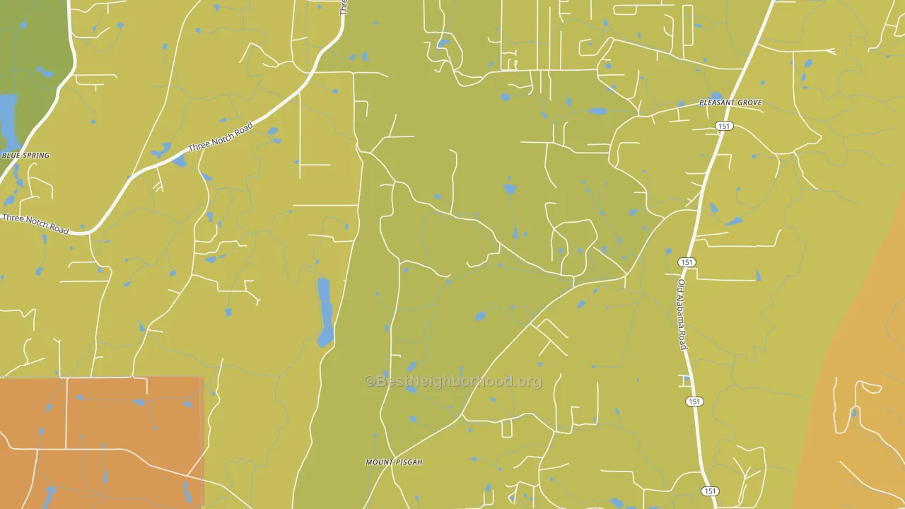 Map of the best neighborhoods in the Burning Bush area, with better matches in green and worse matches in red