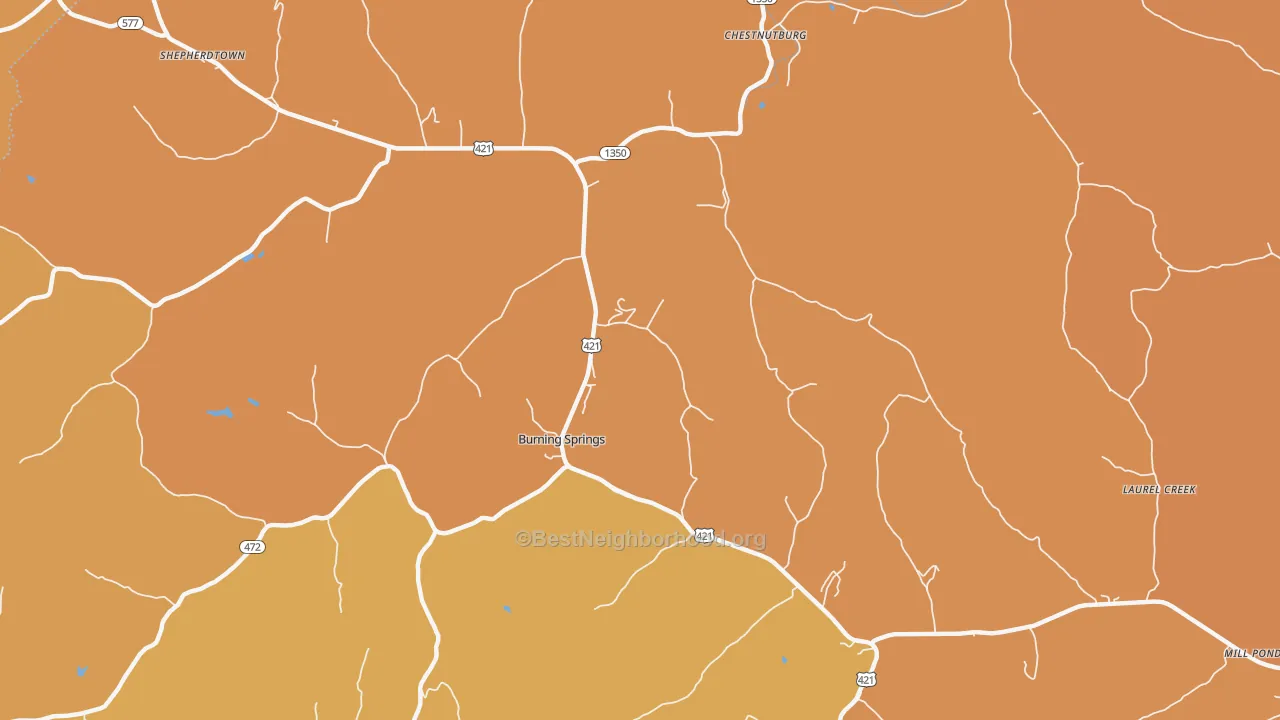 Map of the best neighborhoods in the Burning Springs area, with better matches in green and worse matches in red