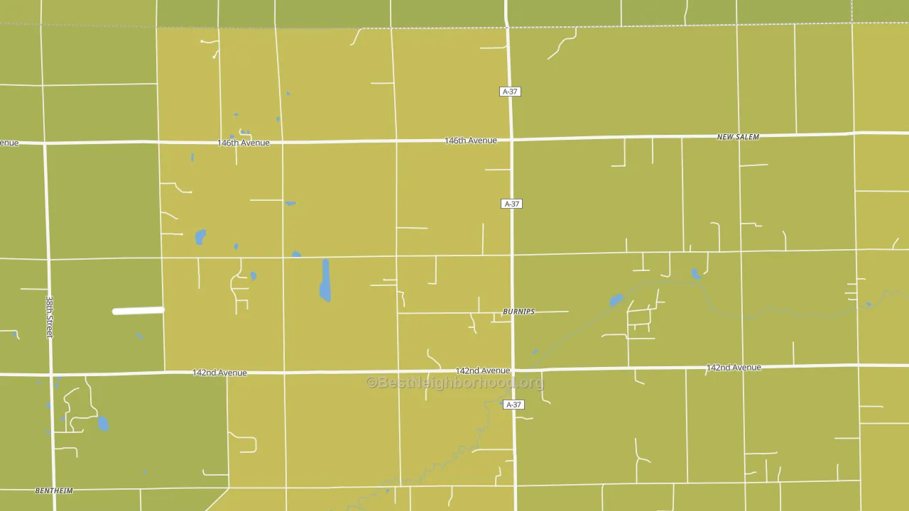 Map of the best neighborhoods in the Burnips area, with better matches in green and worse matches in red