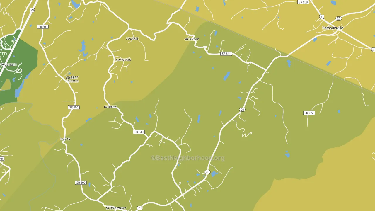 Map of the best neighborhoods in the Burnley area, with better matches in green and worse matches in red