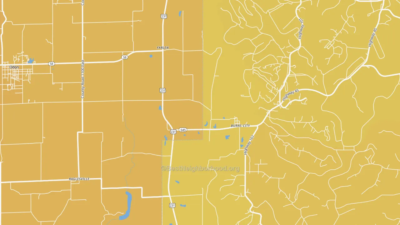 Map of the best neighborhoods in the Burns City area, with better matches in green and worse matches in red