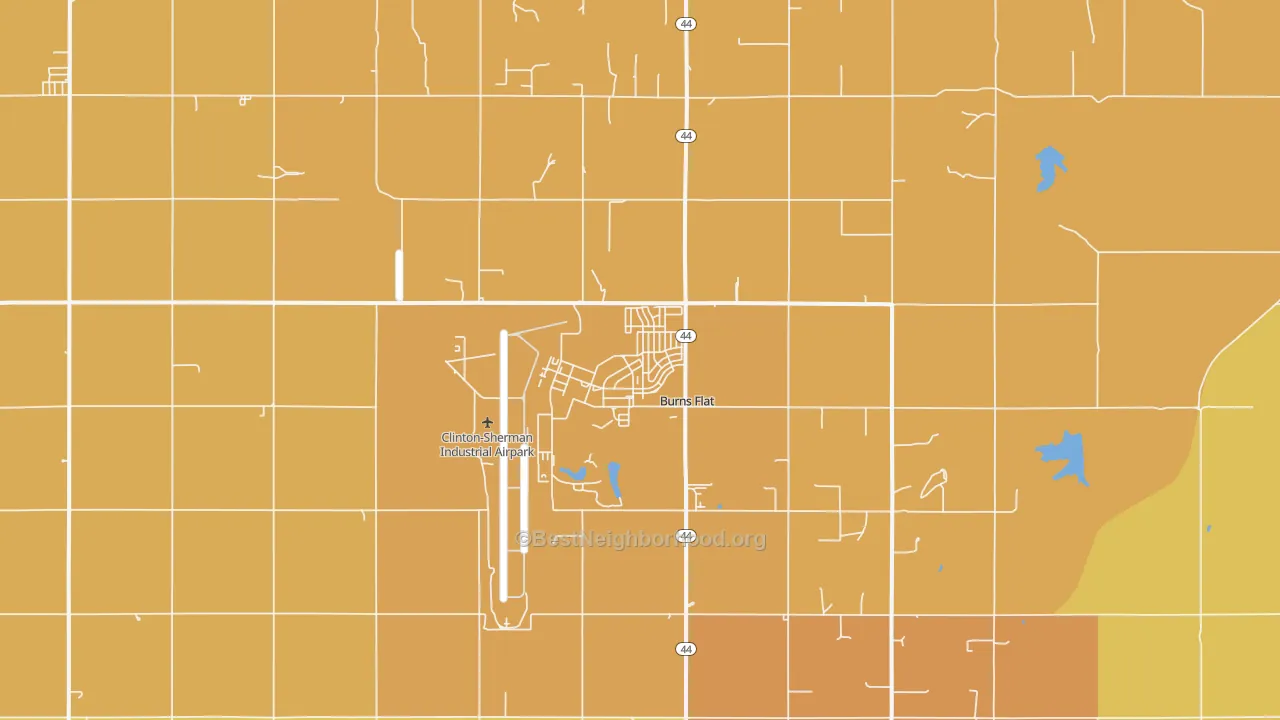 Map of the best neighborhoods in the Burns Flat area, with better matches in green and worse matches in red