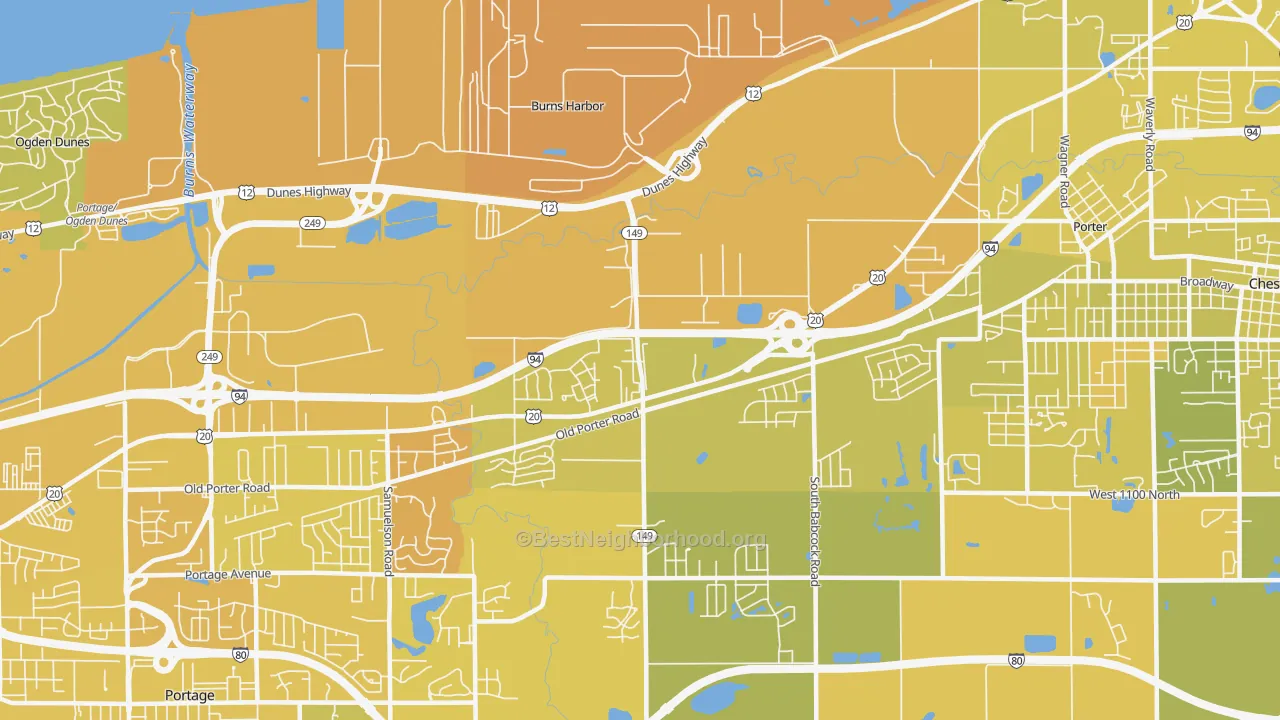 Map of the best neighborhoods in the Burns Harbor area, with better matches in green and worse matches in red