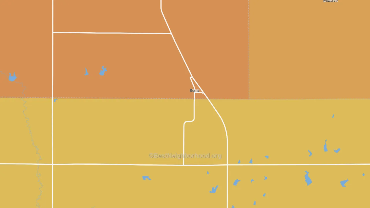 Map of the best neighborhoods in the Burns area, with better matches in green and worse matches in red