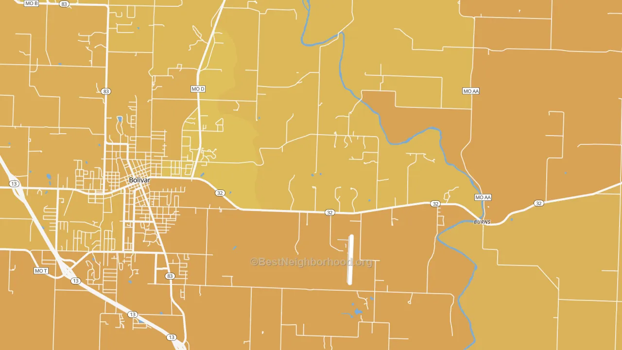 Map of the best neighborhoods in the Burns area, with better matches in green and worse matches in red