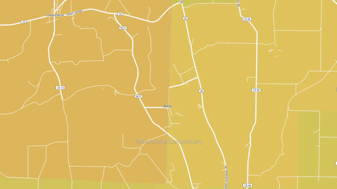 Map of the best neighborhoods in the Burns area, with better matches in green and worse matches in red