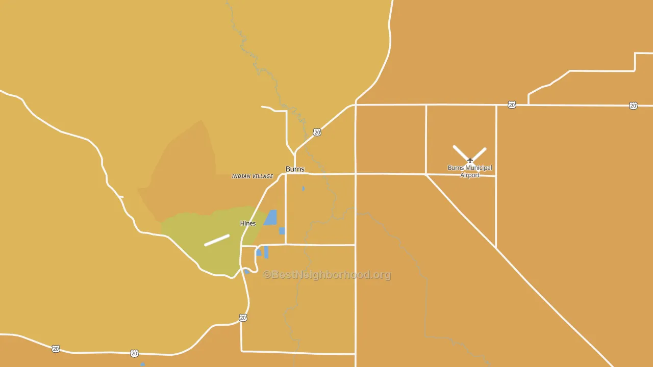 Map of the best neighborhoods in the Burns area, with better matches in green and worse matches in red
