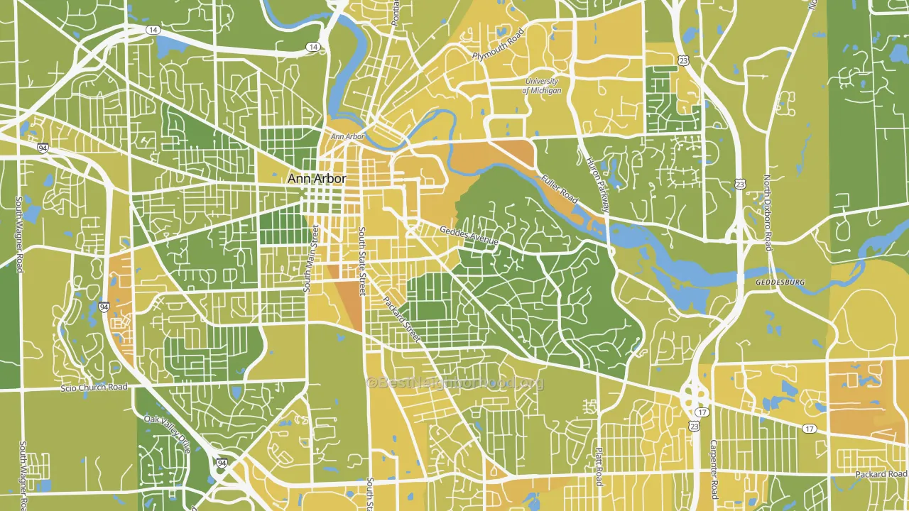 Map of the best neighborhoods in the Burns Park, Ann Arbor area, with better matches in green and worse matches in red