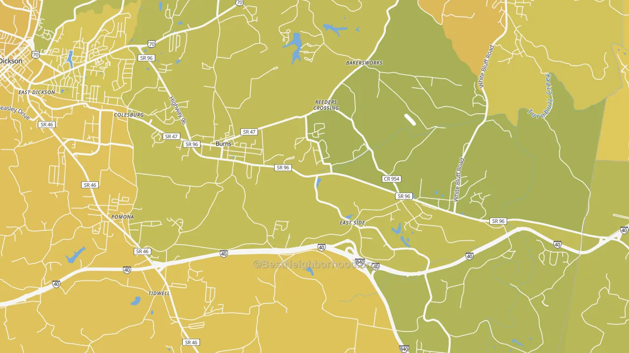 Map of the best neighborhoods in the Burns area, with better matches in green and worse matches in red