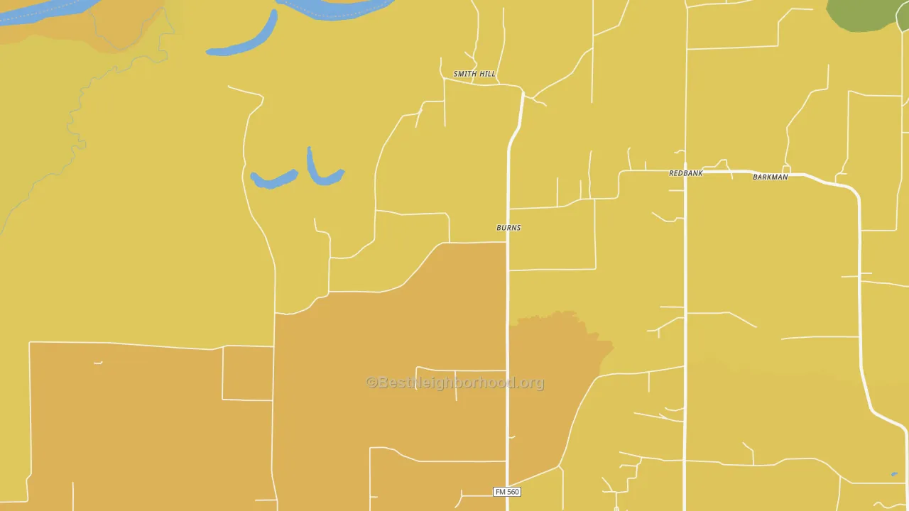 Map of the best neighborhoods in the Burns area, with better matches in green and worse matches in red